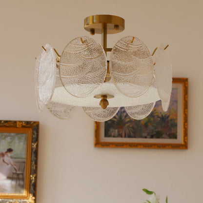Modern Mid-Century Circle Iron Glass 6-Light Semi-Flush Mount Ceiling Light For Living Room