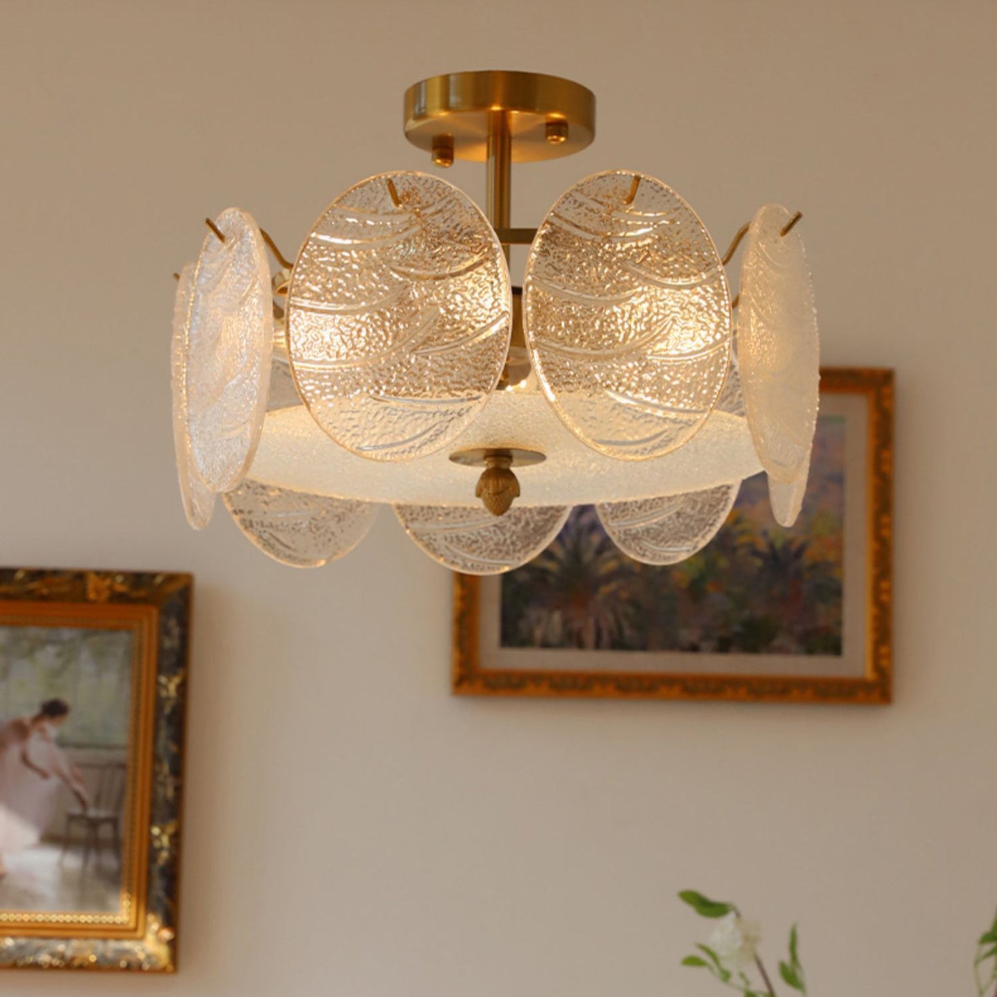 Modern Mid-Century Circle Iron Glass 6-Light Semi-Flush Mount Ceiling Light For Living Room
