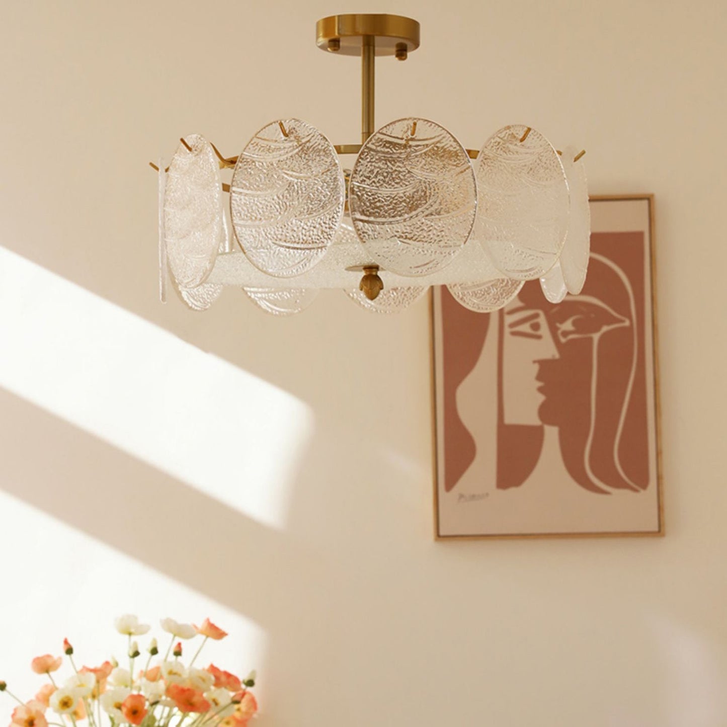 Modern Mid-Century Circle Iron Glass 6-Light Semi-Flush Mount Ceiling Light For Living Room