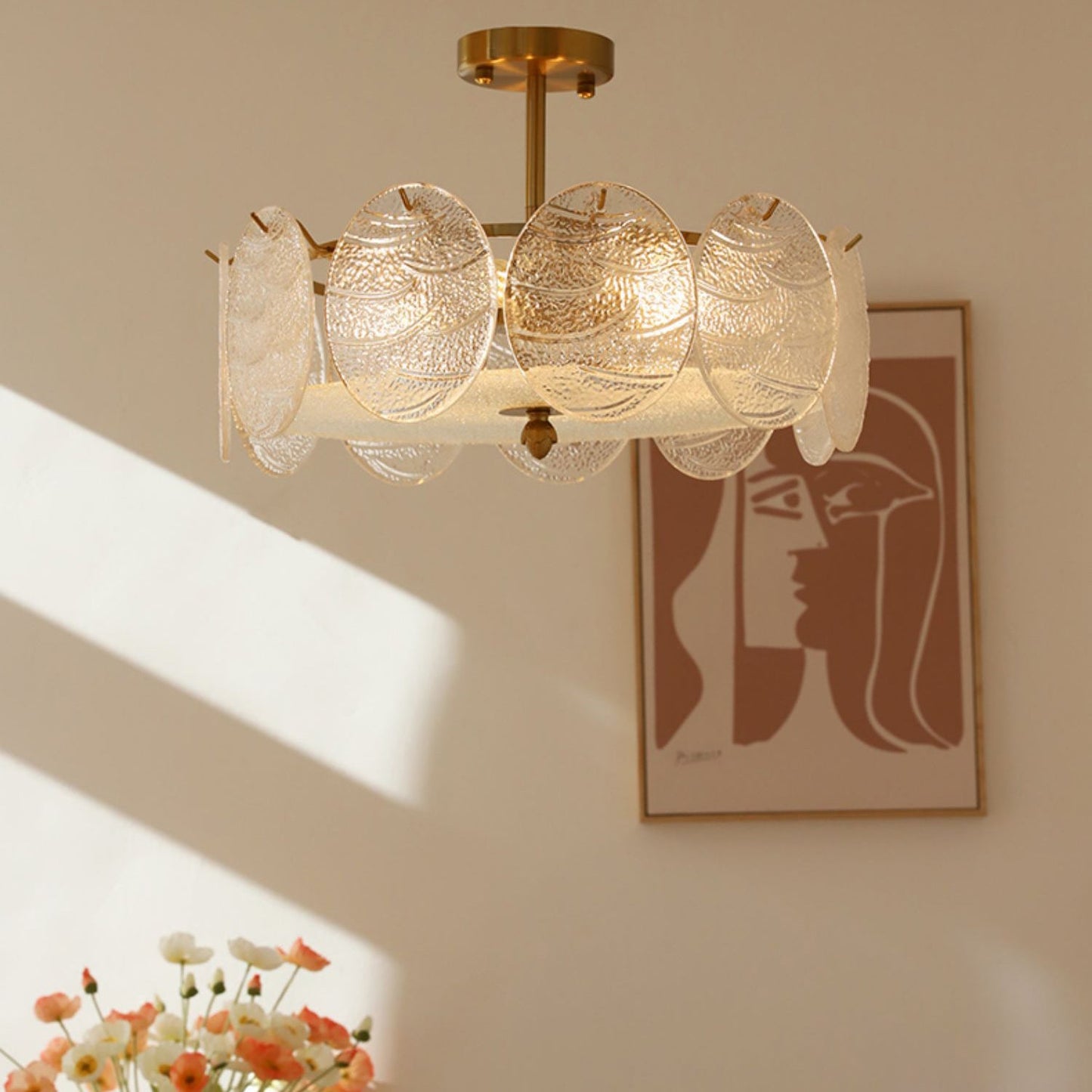 Modern Mid-Century Circle Iron Glass 6-Light Semi-Flush Mount Ceiling Light For Living Room
