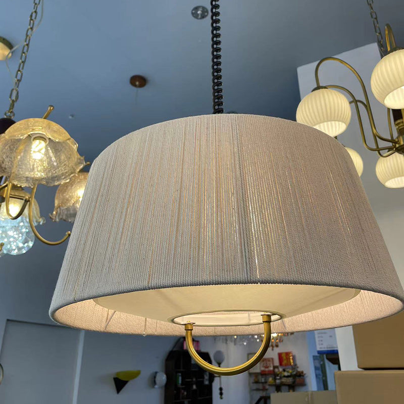 Modern Mid-Century Cylinder Fabric Ash Wood Alloy Hemp Rope Acrylic 3-Light Pendant Light For Living Room