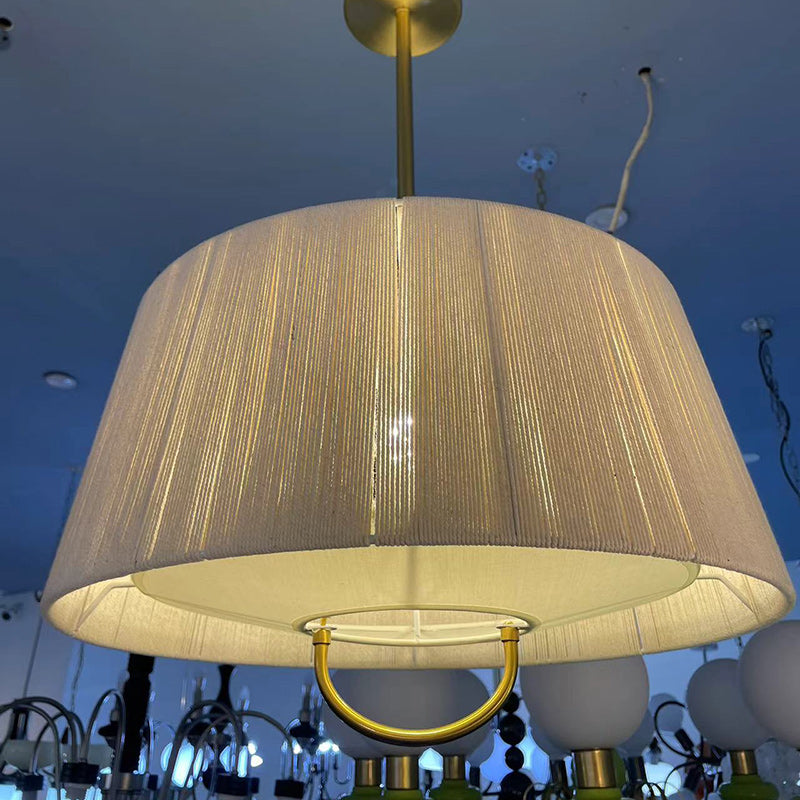 Modern Mid-Century Cylinder Fabric Ash Wood Alloy Hemp Rope Acrylic 3-Light Pendant Light For Living Room