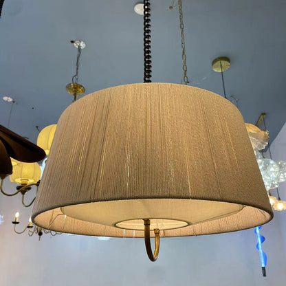 Modern Mid-Century Cylinder Fabric Ash Wood Alloy Hemp Rope Acrylic 3-Light Pendant Light For Living Room
