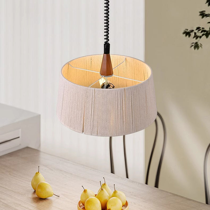 Modern Mid-Century Cylinder Fabric Ash Wood Alloy Hemp Rope Acrylic 3-Light Pendant Light For Living Room
