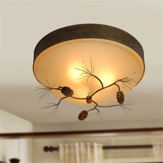 Traditional Farmhouse Pine Cone Cylinder Metal Glass 2/3 Light Flush Mount Ceiling Light For Living Room