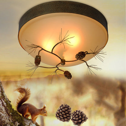 Traditional Farmhouse Pine Cone Cylinder Metal Glass 2/3 Light Flush Mount Ceiling Light For Living Room