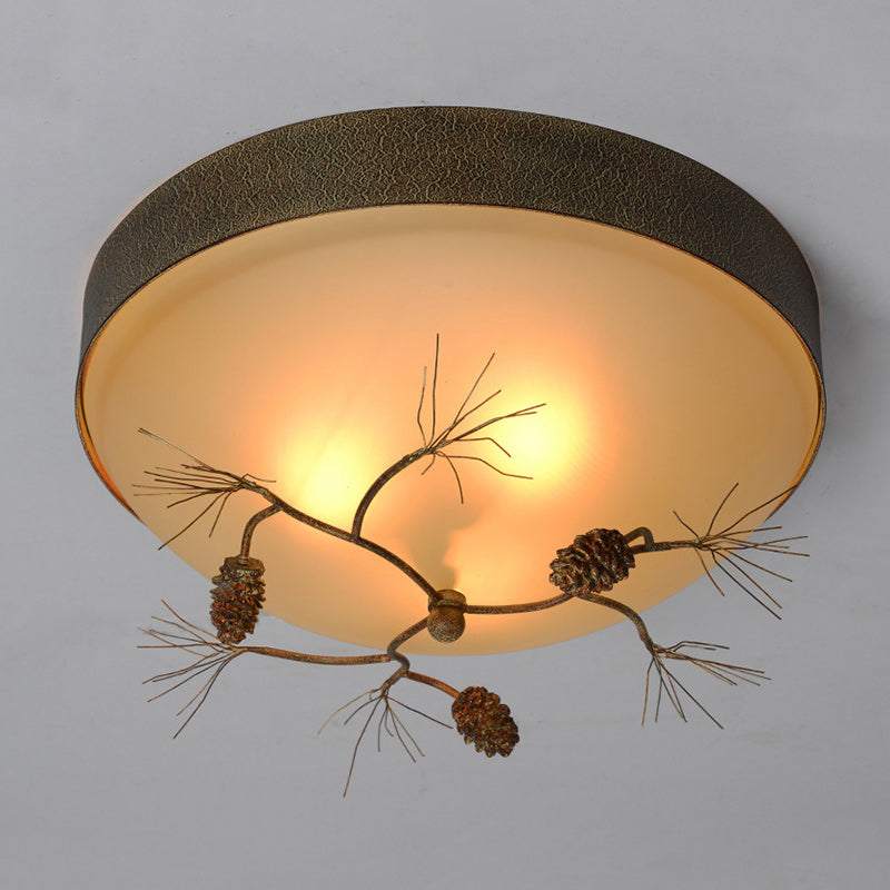 Traditional Farmhouse Pine Cone Cylinder Metal Glass 2/3 Light Flush Mount Ceiling Light For Living Room