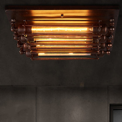 Contemporary Industrial Square Iron Glass 4-Light Semi-Flush Mount Ceiling Light For Bedroom