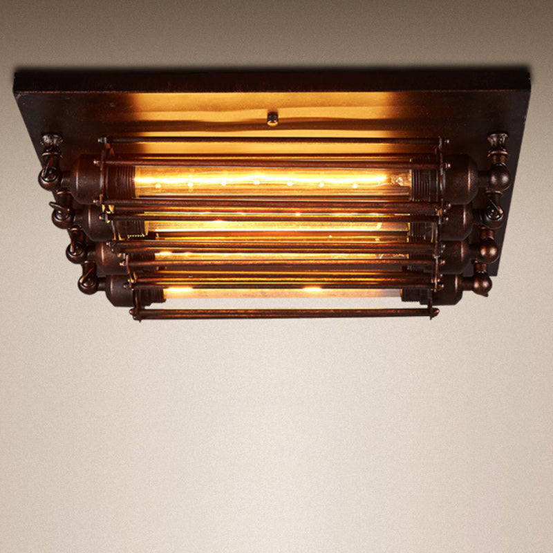 Contemporary Industrial Square Iron Glass 4-Light Semi-Flush Mount Ceiling Light For Bedroom