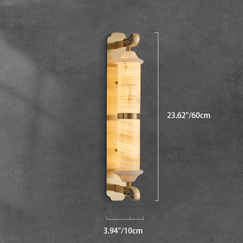 Traditional Chinese Cylinder Copper Jade LED Wall Sconce Lamp For Living Room