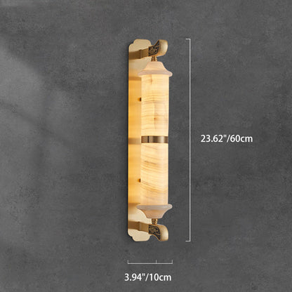 Traditional Chinese Cylinder Copper Jade LED Wall Sconce Lamp For Living Room