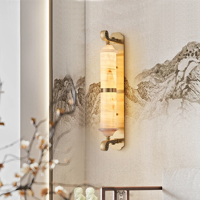 Traditional Chinese Cylinder Copper Jade LED Wall Sconce Lamp For Living Room