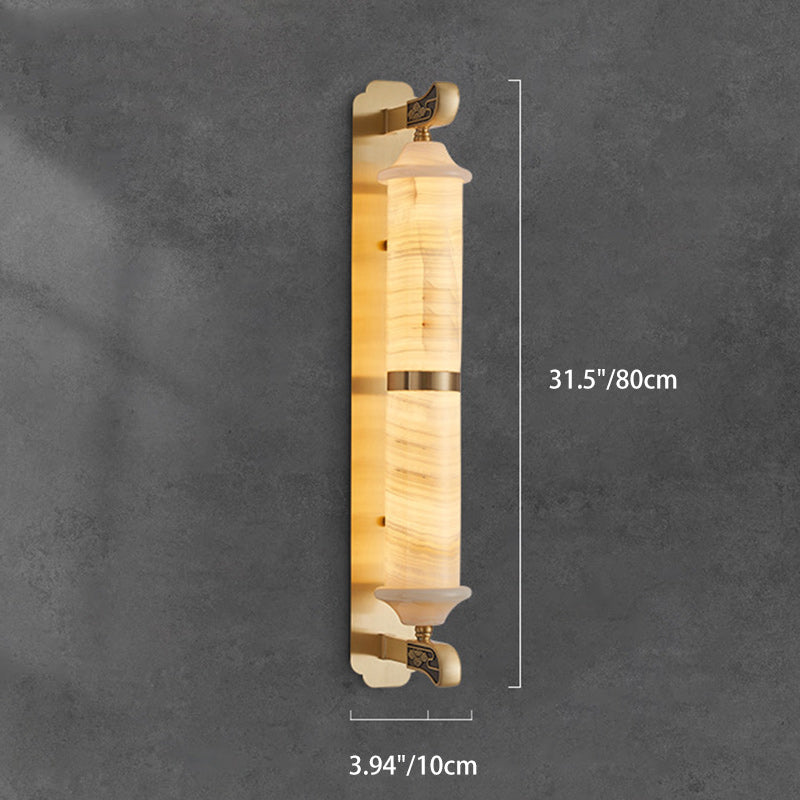 Traditional Chinese Cylinder Copper Jade LED Wall Sconce Lamp For Living Room