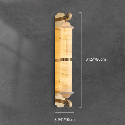 Traditional Chinese Cylinder Copper Jade LED Wall Sconce Lamp For Living Room