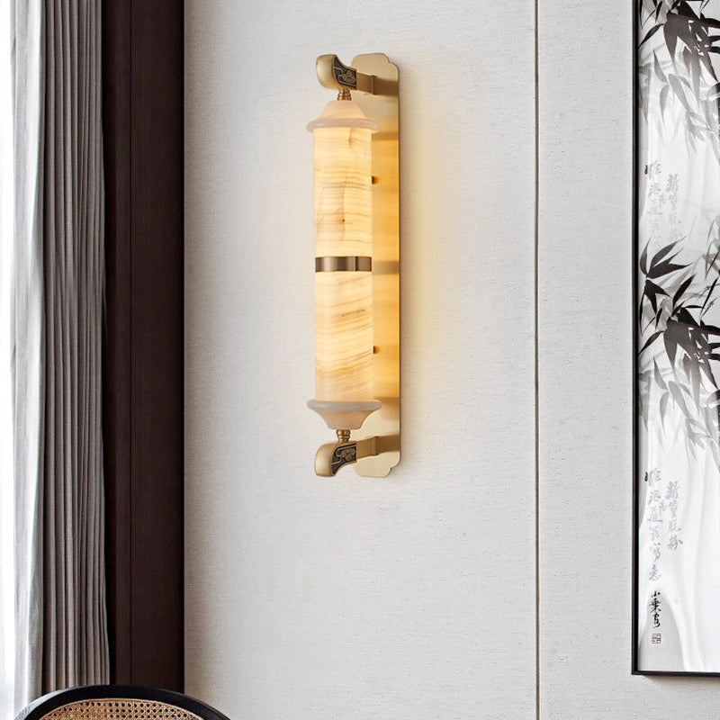 Traditional Chinese Cylinder Copper Jade LED Wall Sconce Lamp For Living Room