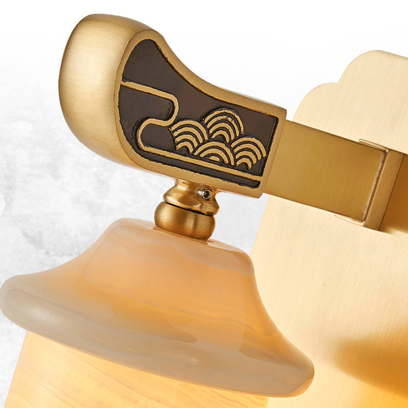 Traditional Chinese Cylinder Copper Jade LED Wall Sconce Lamp For Living Room