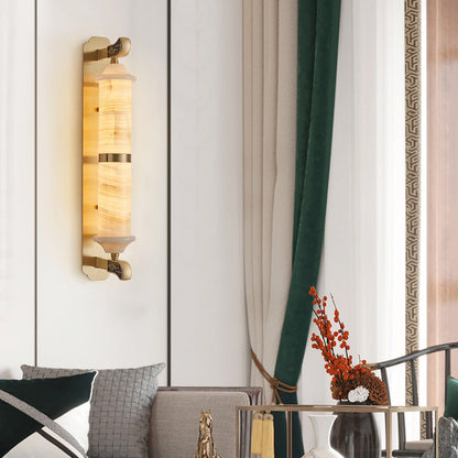 Traditional Chinese Cylinder Copper Jade LED Wall Sconce Lamp For Living Room