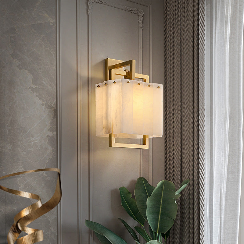 Modern Mid-Century Cube Copper Marble 1-Light Wall Sconce Lamp For Bedroom