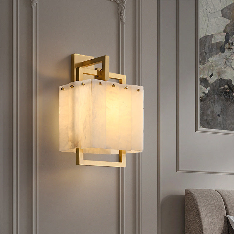 Modern Mid-Century Cube Copper Marble 1-Light Wall Sconce Lamp For Bedroom