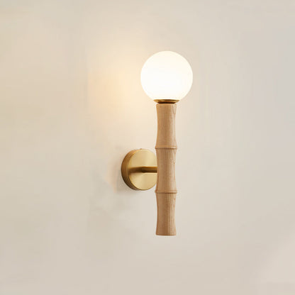 Traditional Japanese Spherical Ash Wood Iron Glass 1-Light Wall Sconce Lamp For Bedroom