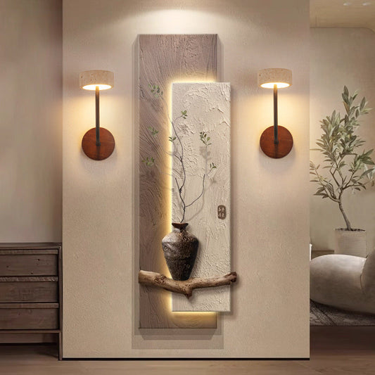 Modern Mid-Century Round Yellow Travertine Solid Wood LED Wall Sconce Lamp For Bedroom