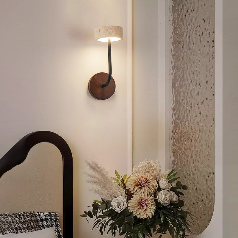 Modern Mid-Century Round Yellow Travertine Solid Wood LED Wall Sconce Lamp For Bedroom