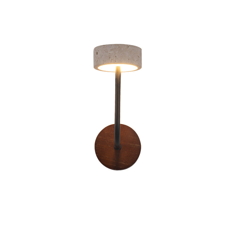 Modern Mid-Century Round Yellow Travertine Solid Wood LED Wall Sconce Lamp For Bedroom