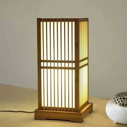 Traditional Japanese Tatami Box-shaped Bamboo 1-Light Table Lamp For Bedroom
