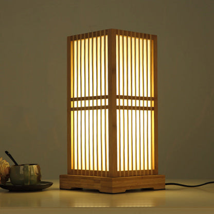 Traditional Japanese Tatami Box-shaped Bamboo 1-Light Table Lamp For Bedroom