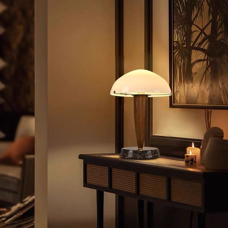 Traditional Vintage Wood Grain Mushroom-shaped Marble Ash Wood Glass 1-Light Table Lamp For Bedroom
