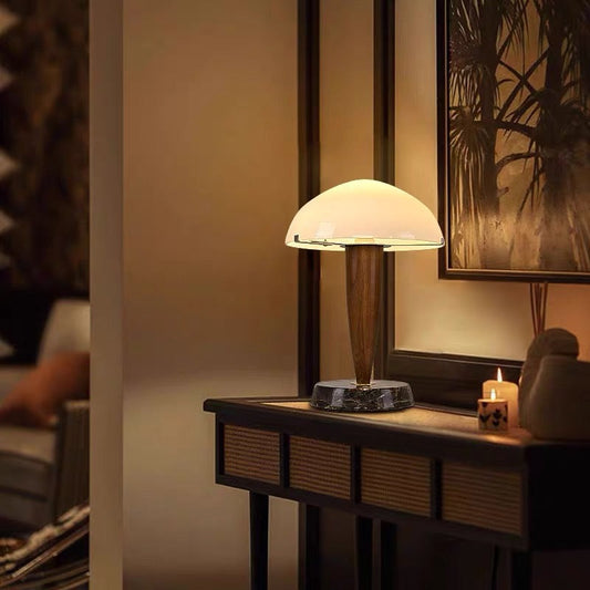 Traditional Vintage Wood Grain Mushroom-shaped Marble Ash Wood Glass 1-Light Table Lamp For Bedroom