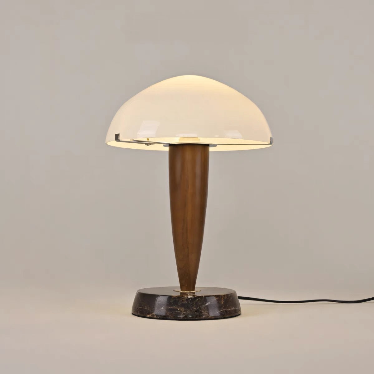 Traditional Vintage Wood Grain Mushroom-shaped Marble Ash Wood Glass 1-Light Table Lamp For Bedroom
