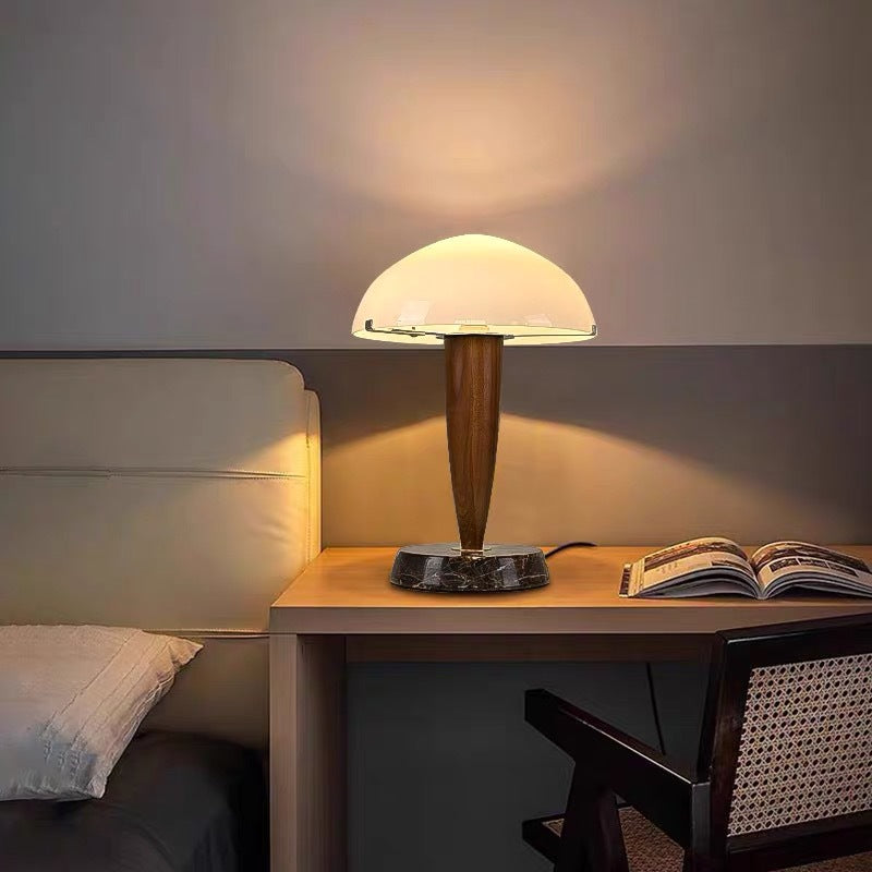 Traditional Vintage Wood Grain Mushroom-shaped Marble Ash Wood Glass 1-Light Table Lamp For Bedroom