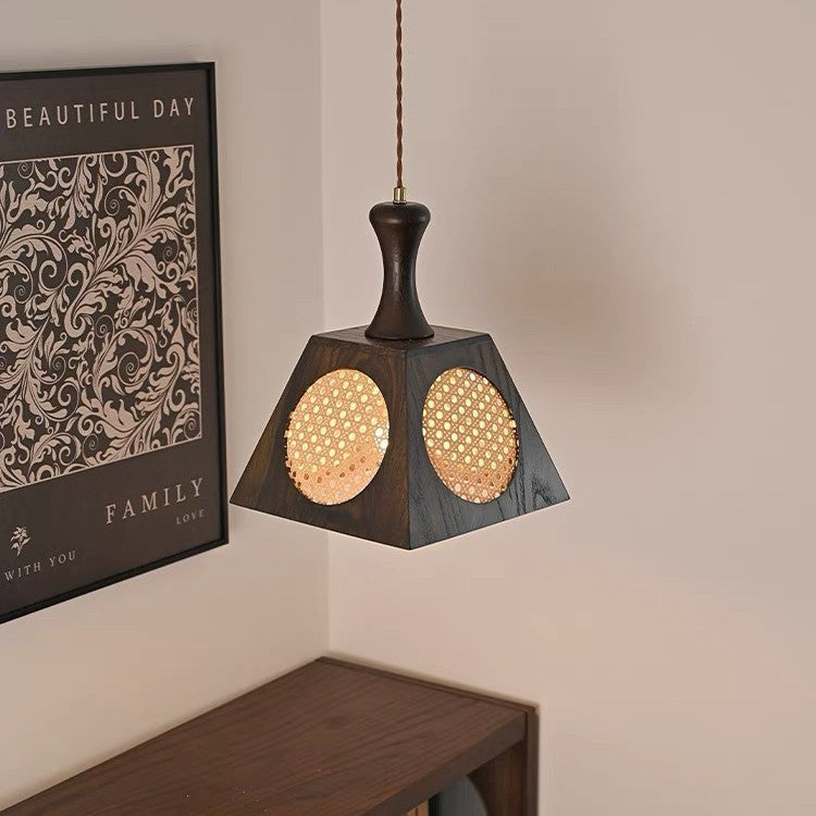 Modern Mid-Century Wabi-Sabi Trapezoid Ash Wood Alloy PC 1-Light Pendant Light For Living Room