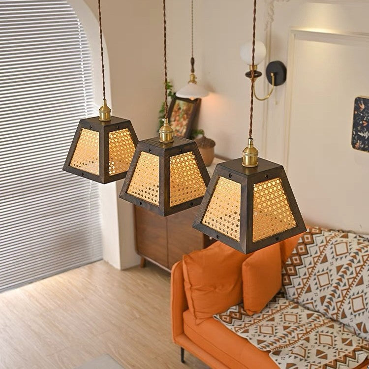 Modern Mid-Century Wabi-Sabi Trapezoid Ash Wood Alloy PC 1-Light Pendant Light For Living Room