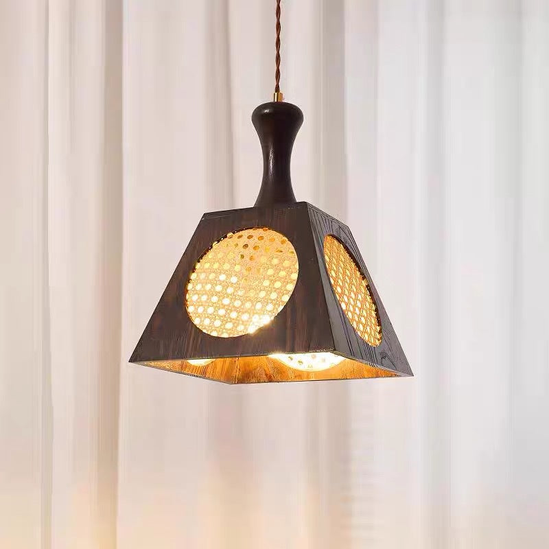 Modern Mid-Century Wabi-Sabi Trapezoid Ash Wood Alloy PC 1-Light Pendant Light For Living Room