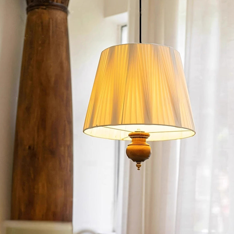 Modern Mid-Century Chic Tapered Shade Iron Wood Fabric 1-Light Pendant Light For Living Room