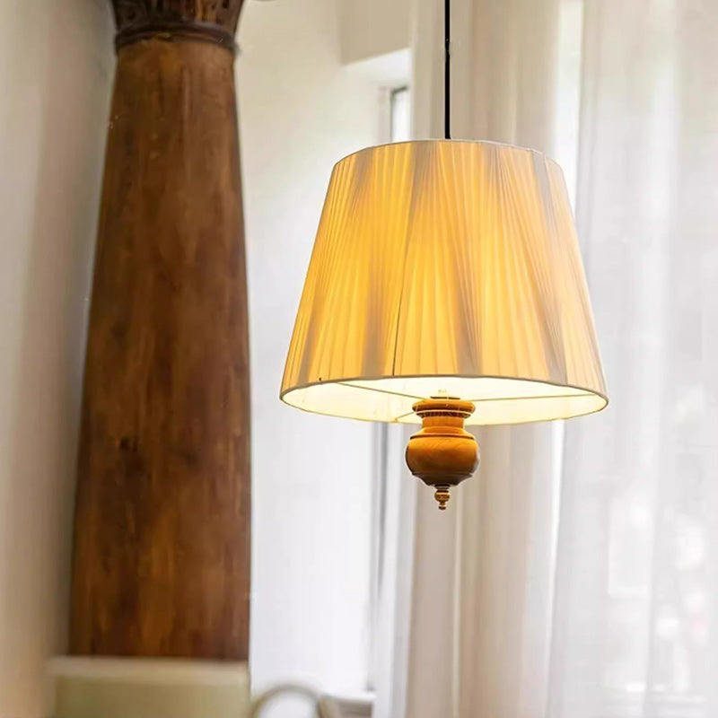 Modern Mid-Century Chic Tapered Shade Iron Wood Fabric 1-Light Pendant Light For Living Room