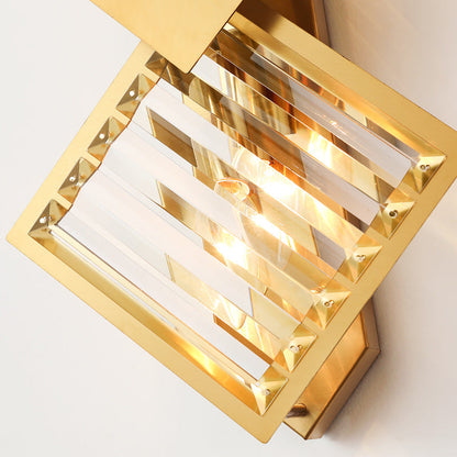 Modern Art Deco Square Frame Metal Crystal 2-Light Wall Sconce Lamp For Bedroom