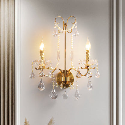 Traditional European Rustic Candle Iron Crystal 2-Light Wall Sconce Lamp For Living Room