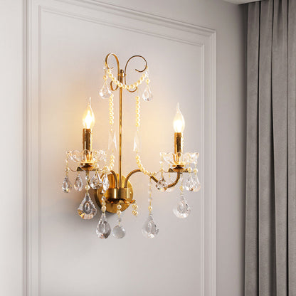 Traditional European Rustic Candle Iron Crystal 2-Light Wall Sconce Lamp For Living Room