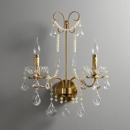 Traditional European Rustic Candle Iron Crystal 2-Light Wall Sconce Lamp For Living Room