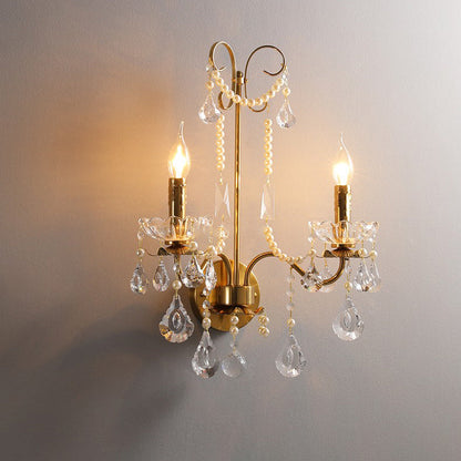 Traditional European Rustic Candle Iron Crystal 2-Light Wall Sconce Lamp For Living Room