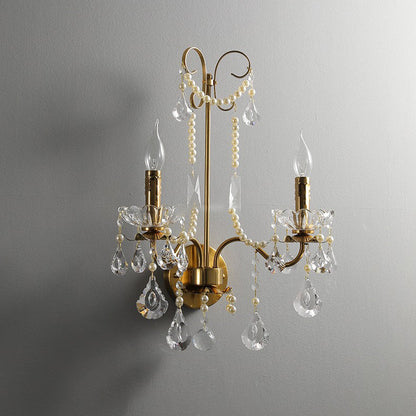 Traditional European Rustic Candle Iron Crystal 2-Light Wall Sconce Lamp For Living Room