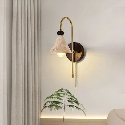 Modern Mid-Century Cone Shade Yellow Travertine Solid Wood Iron 1-Light Wall Sconce Lamp For Bedroom