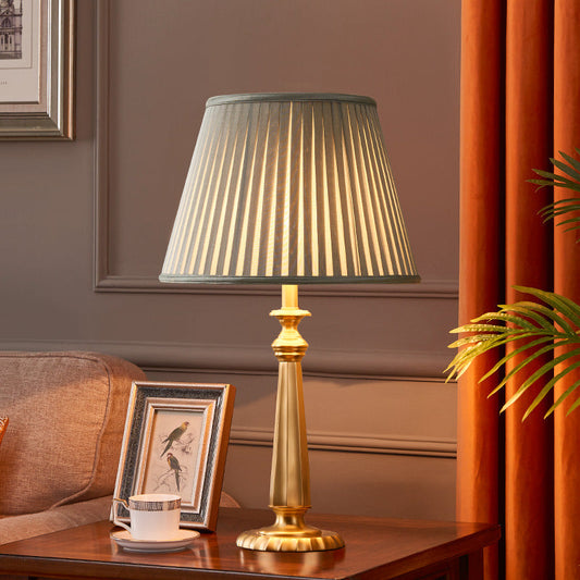 Traditional Farmhouse Tapered Fabric Shade Solid Brass Base 1-Light Table Lamp For Bedroom