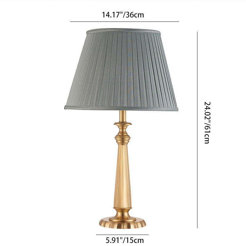 Traditional Farmhouse Tapered Fabric Shade Solid Brass Base 1-Light Table Lamp For Bedroom