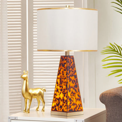 Contemporary Scandinavian Cylinder Fabric Shade Leopard Brass Base 1-Light Table Lamp For Living Room