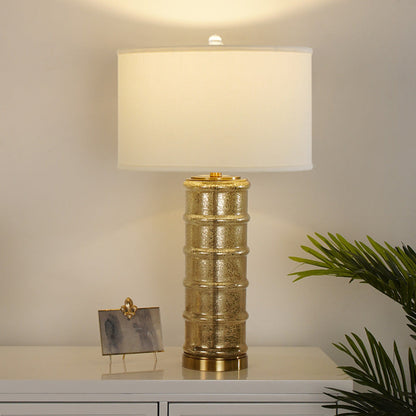 Contemporary Nordic Cylinder Fabric Shade Glass Metal Base 1-Light Table Lamp For Bedroom