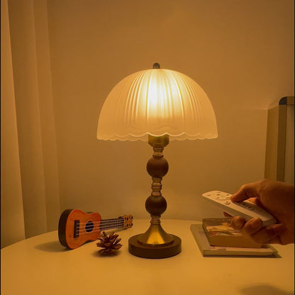 Modern Mid-Century Dome Glass Shade Rubberwood Iron Base 1-Light Table Lamp For Bedroom